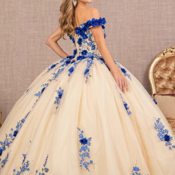NEW FLOOR LENGTH BALL GOWN WITH FLORAL 3D APPLIQUE GLITTER & LACE UP BACK GL3105 - Picture 5 of 10